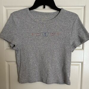 American EagleGray Short Sleeve Crop Top with Butterfly Embroidery